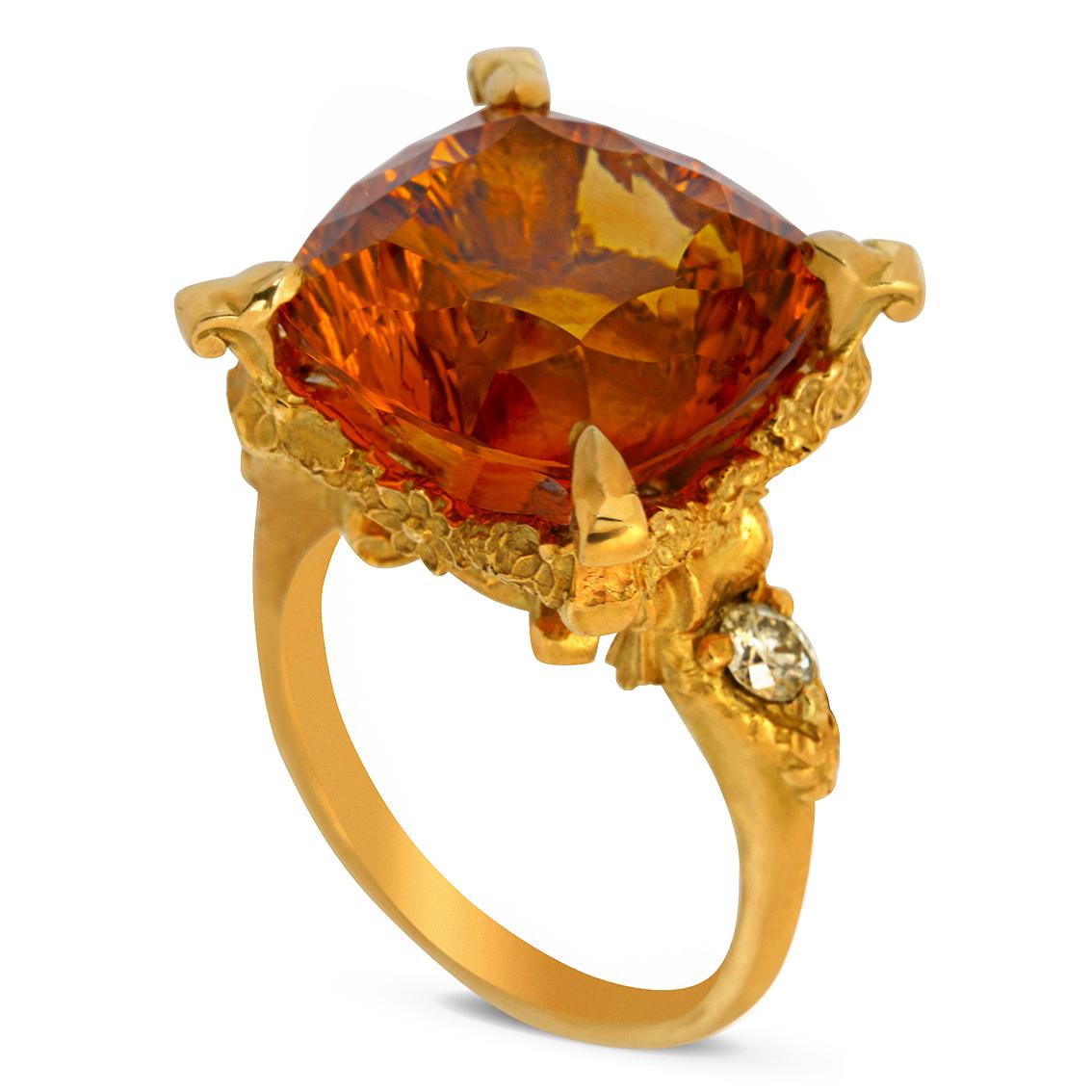 Handcrafted in 18kt yellow gold the Altar of Psyche Ring features a spectacular fiery central 14.81ct, 14.8mm x 14.8mm concave cut citrine aloft a signature William Llewellyn Griffiths garland setting flanked by two gorgeous 3.3mm diameter round