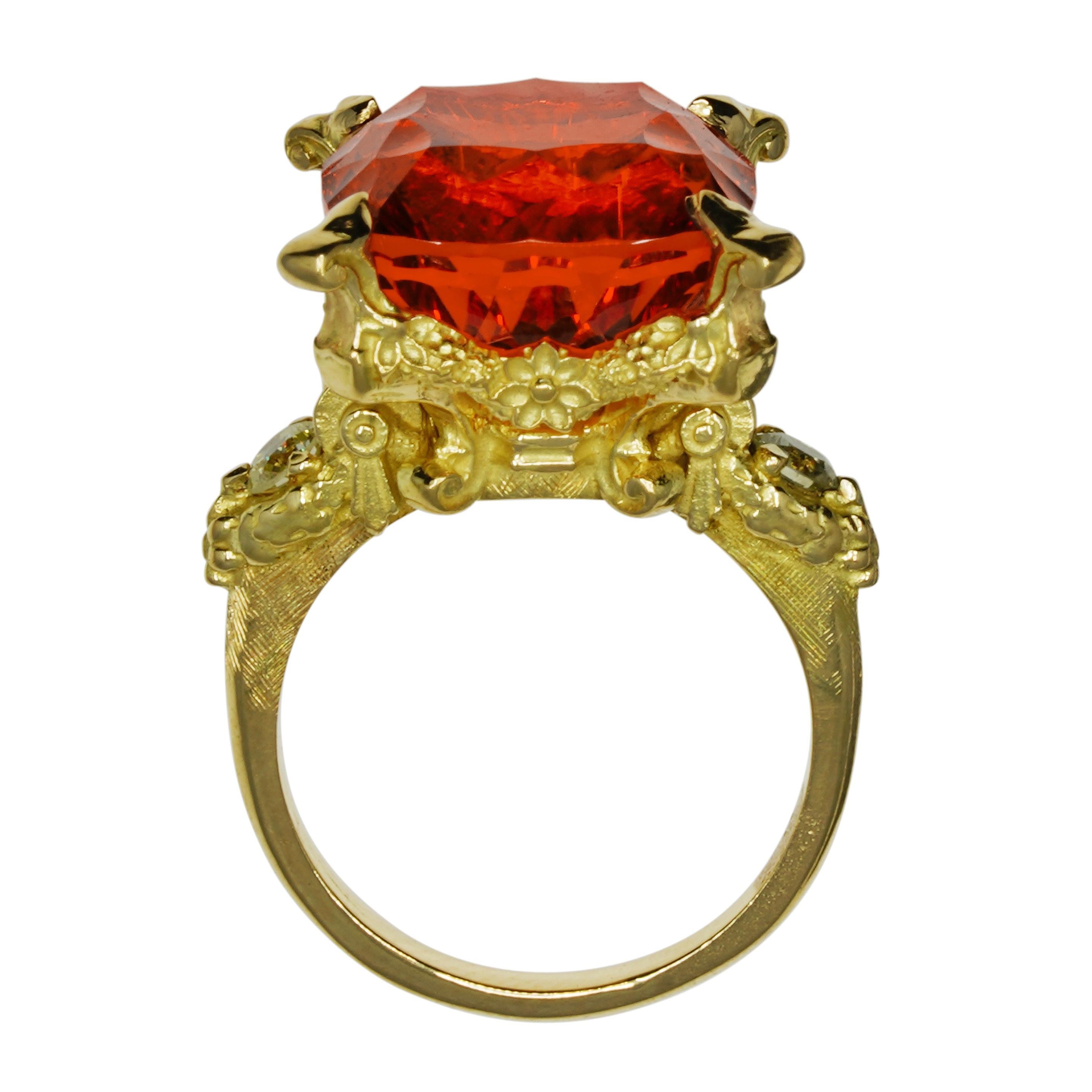 Baroque 18 Karat Yellow Gold Ring with Concave Cut 14.81ct Citrine and Diamonds For Sale
