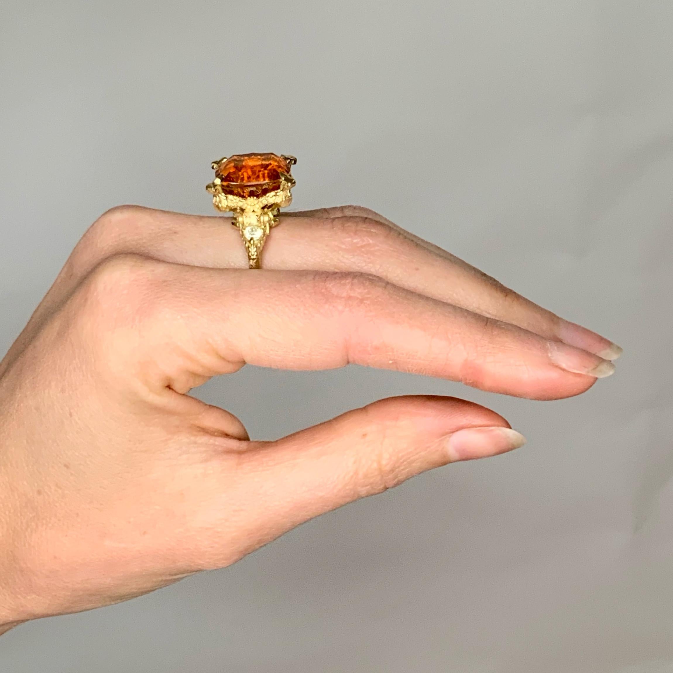 Women's or Men's 18 Karat Yellow Gold Ring with Concave Cut 14.81ct Citrine and Diamonds For Sale