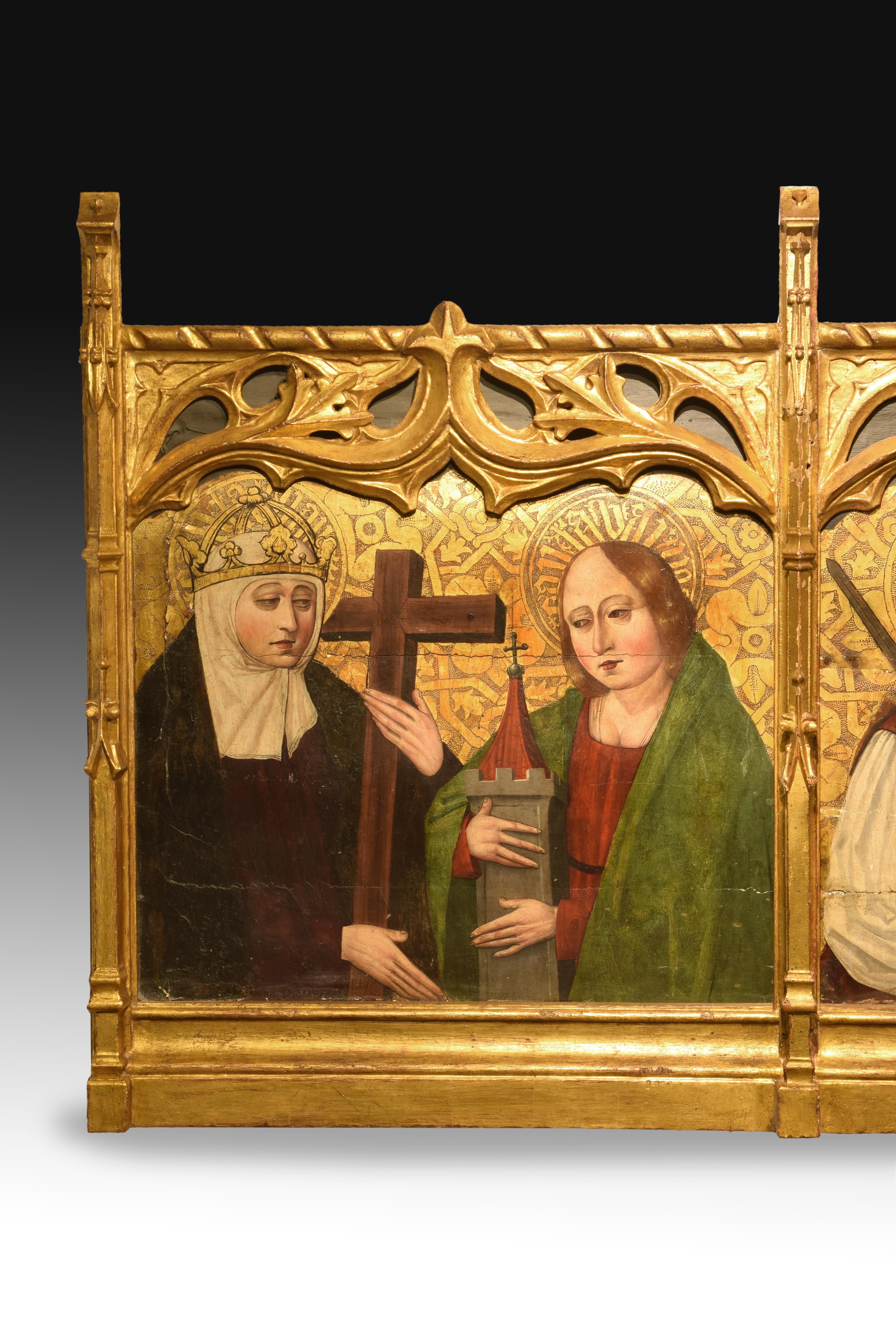 Predela with santas. Oil on board, carved wood. Spanish school, 16th century. 
The ladies, clearly holy both by the nimbos (with their respective names in Gothic letters) and by their rich clothes, are identified both by the attributes already