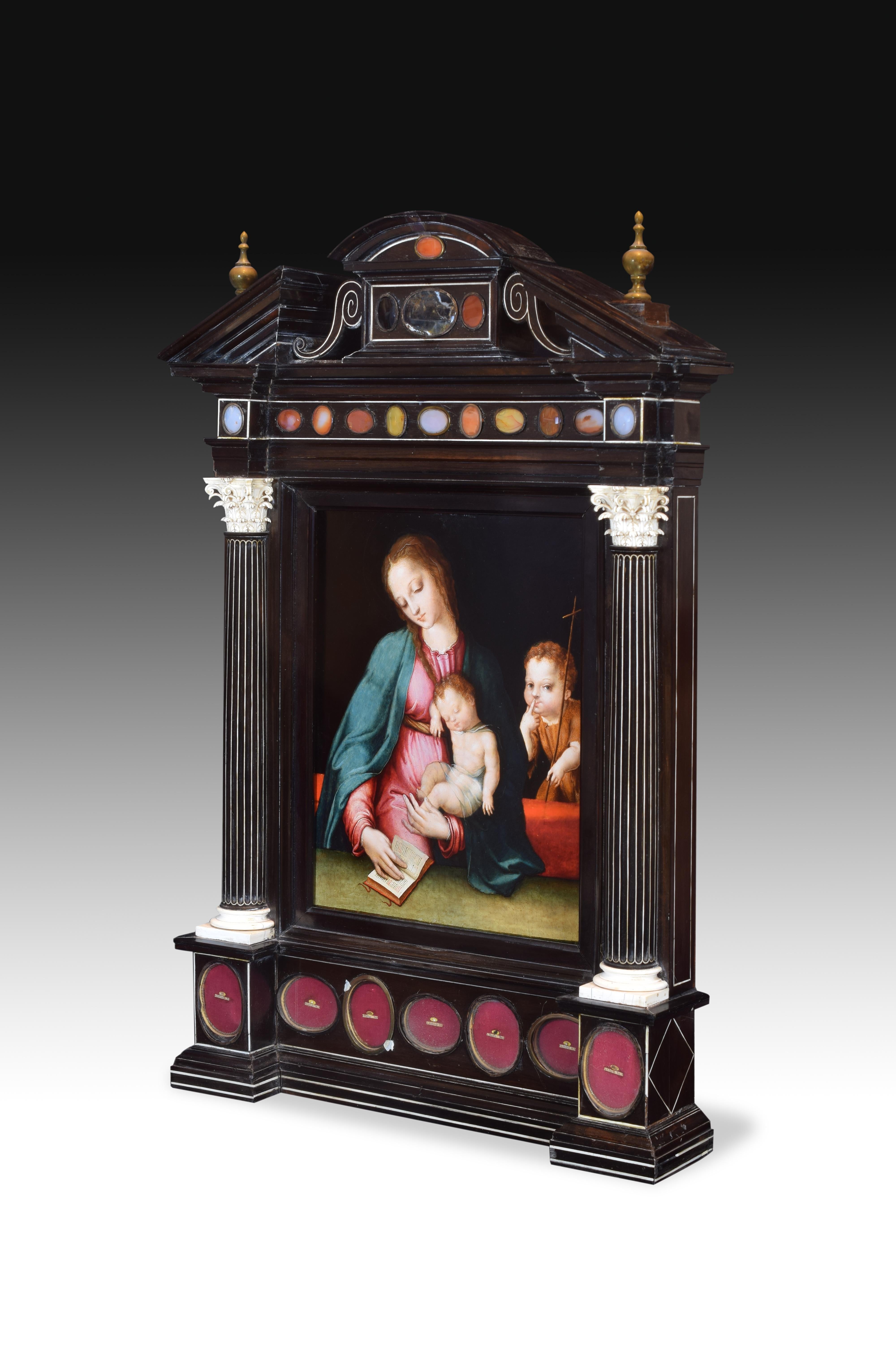 Renaissance Altarpiece Reliquary with Oil on Table, Rosewood, Luis De Morales, 16th Century