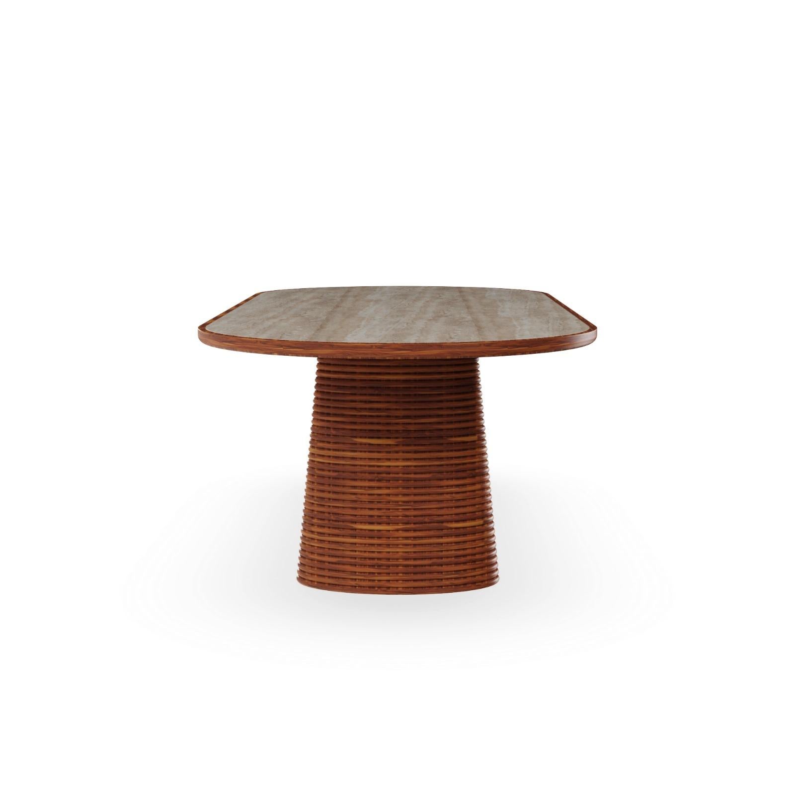 Moderno Altea Outdoor Dining Table - Table With Travertine Top and Iroko Ribbed Base in vendita