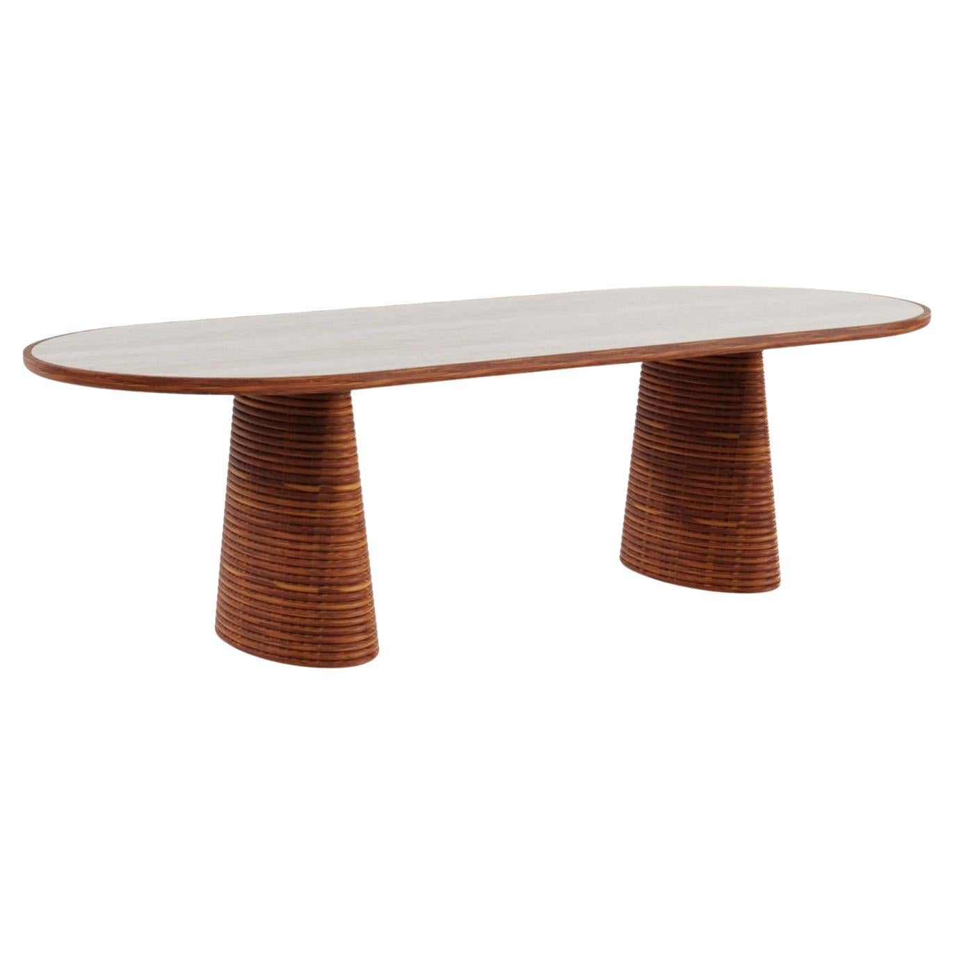 Altea Outdoor Dining Table - Table With Travertine Top and Iroko Ribbed Base