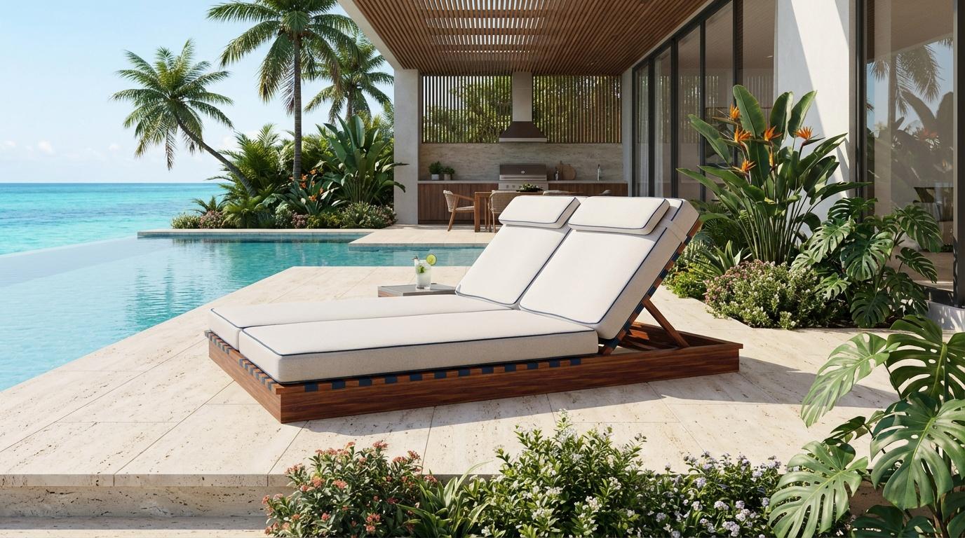 Die Altea Sunbed, die in Zusammenarbeit mit Mediterrazza entwickelt wurde, verkörpert die Essenz von Luxusmöbeln für den Außenbereich. Diese für das Leben an der Küste konzipierte Doppelliege zeichnet sich durch eine verflochtene Rückenlehne aus