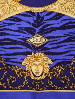 ALTELIER VERSACE LEOPARD SILK Medusa Printed Blue Gold Women's SCARF Scarves