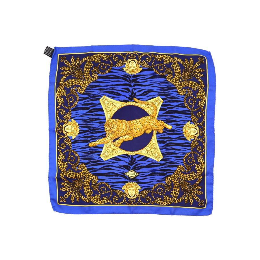 ALTELIER VERSACE LEOPARD SILK Medusa Printed Blue Gold Women's SCARF Scarves In Good Condition For Sale In PUTNEY, NSW