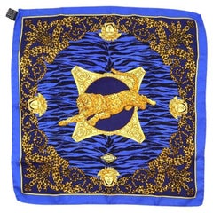 ALTELIER VERSACE LEOPARD SILK Medusa Printed Blue Gold Women's SCARF Scarves