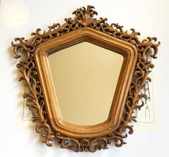 Antique Mirror Baroque Rokoko Style, Hand Carved Natural Wood, Italy