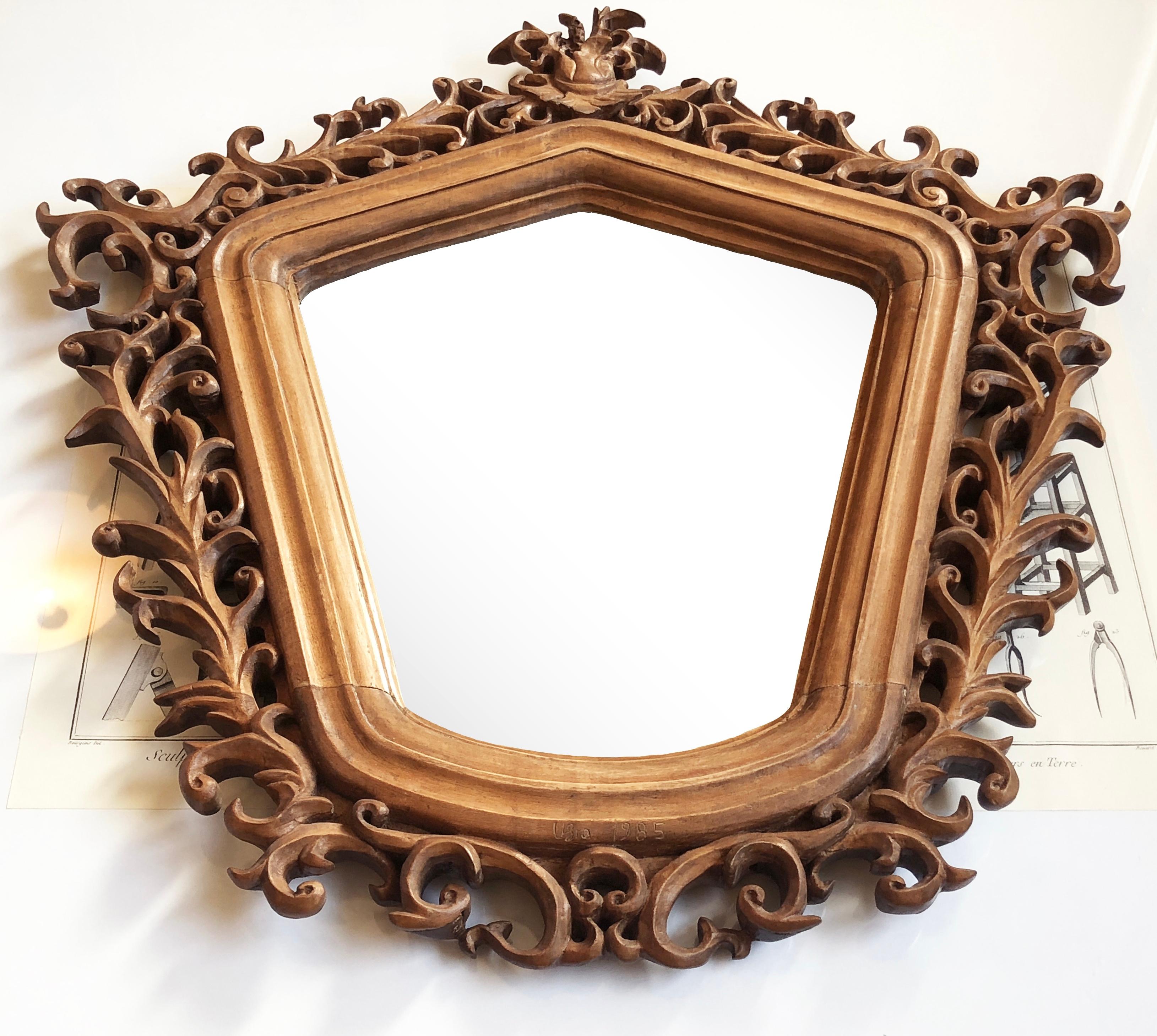 Allemand Antique Mirror Baroque Rokoko Style, Hand Carved Natural Wood, Italy  en vente