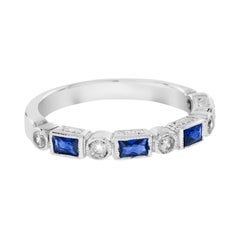 Alternate Baguette Blue Sapphire & Round Diamond Half Eternity White Gold Ring
