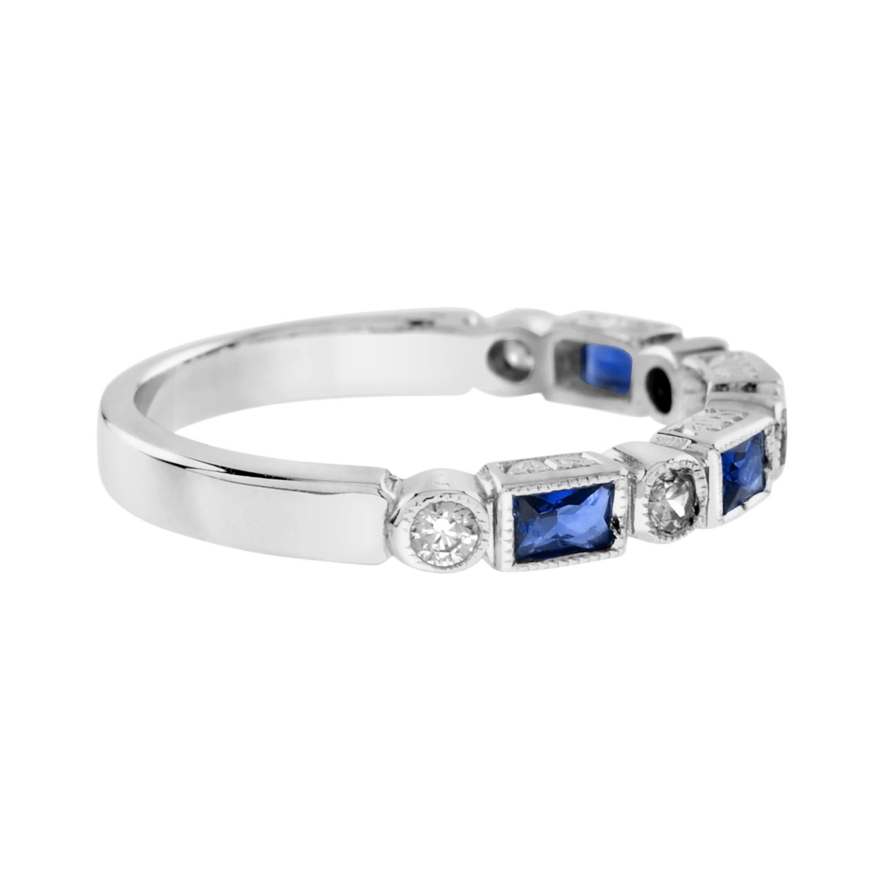 Art Déco Alternate Baguette Blue Sapphire & Round Diamond Half Eternity White Gold Ring in vendita