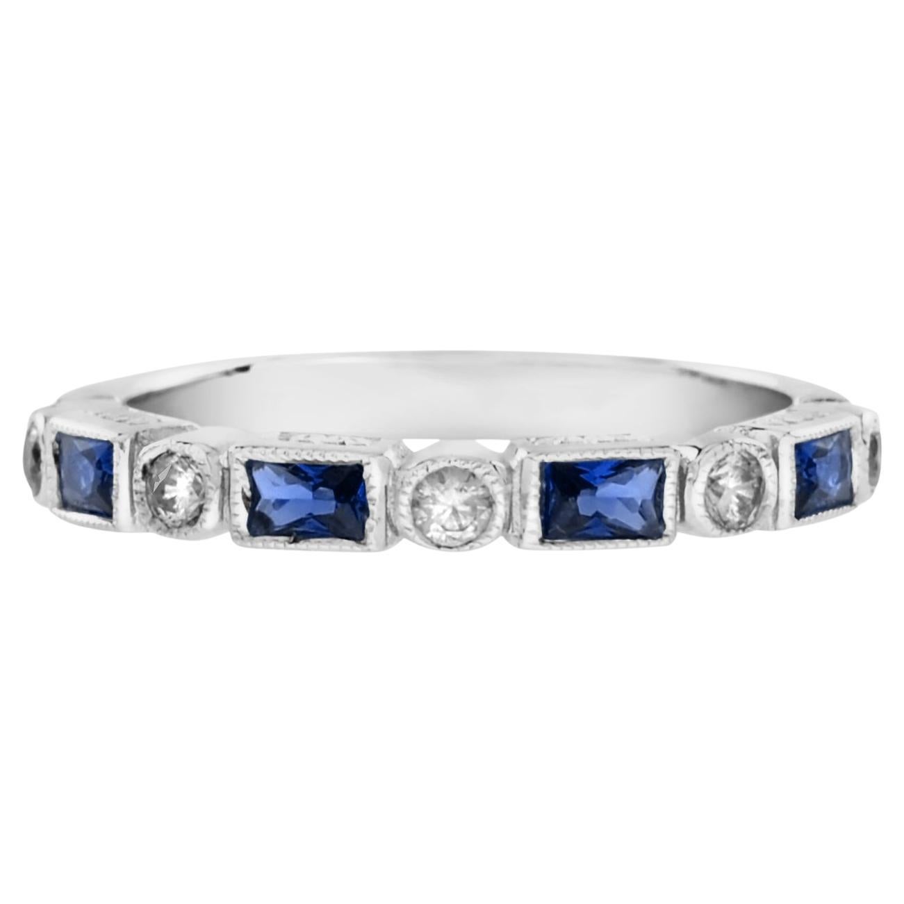 Alternate Baguette Blue Sapphire & Round Diamond Half Eternity White Gold Ring