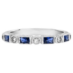Alternate Baguette Blue Sapphire & Round Diamond Half Eternity White Gold Ring