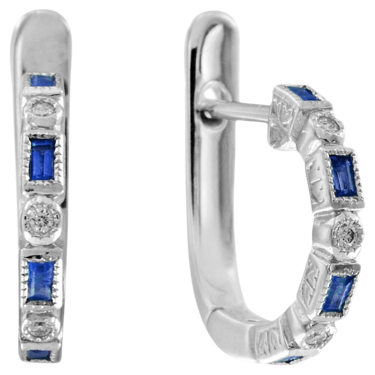 Alternate Baguette Blue Sapphire & Round Diamond Huggie White Gold Earrings in vendita