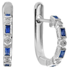 Alternate Baguette Blue Sapphire & Round Diamond Huggie White Gold Earrings