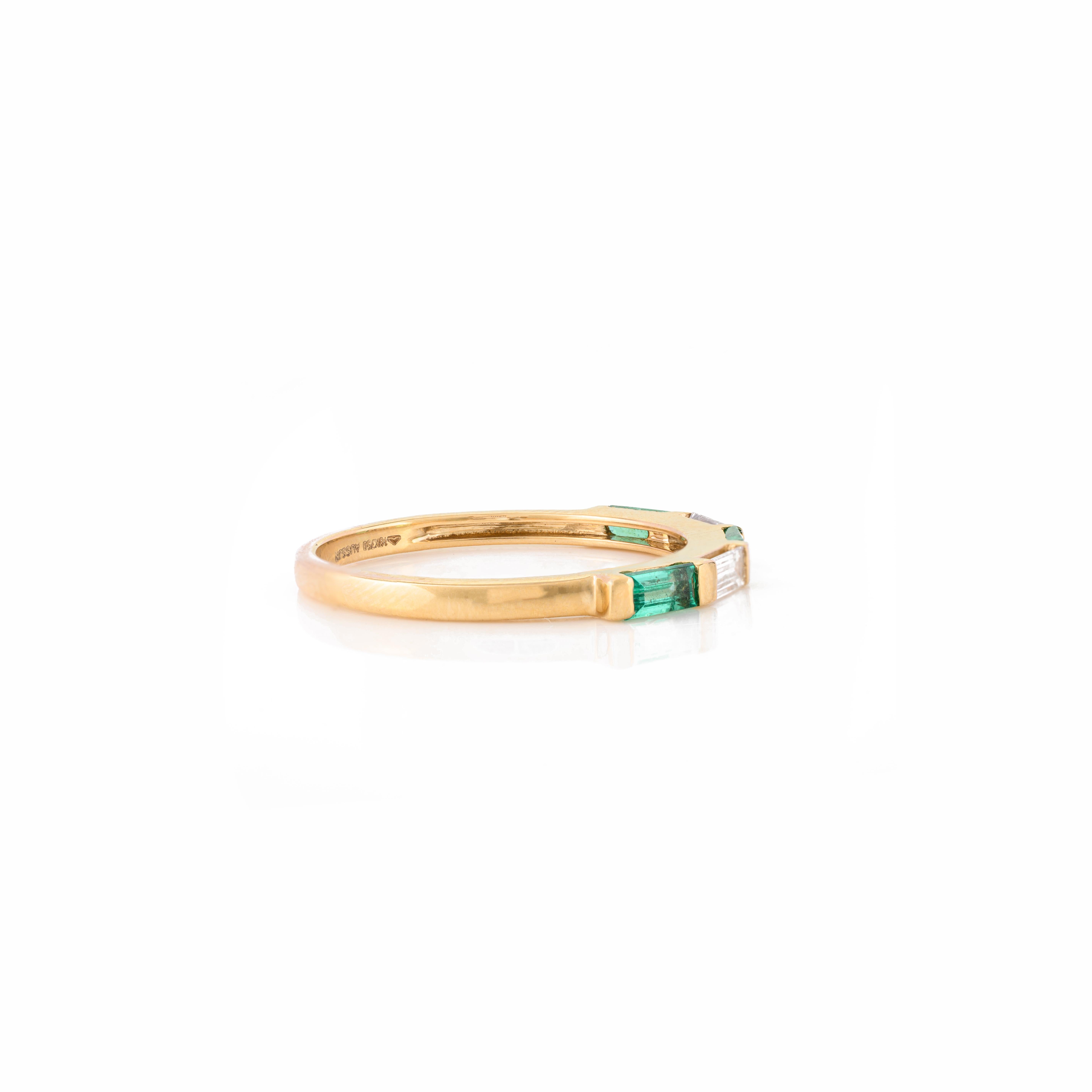 For Sale:  Alternate Baguette Emerald Diamond Stackable Band Ring in 18k Yellow Gold 8