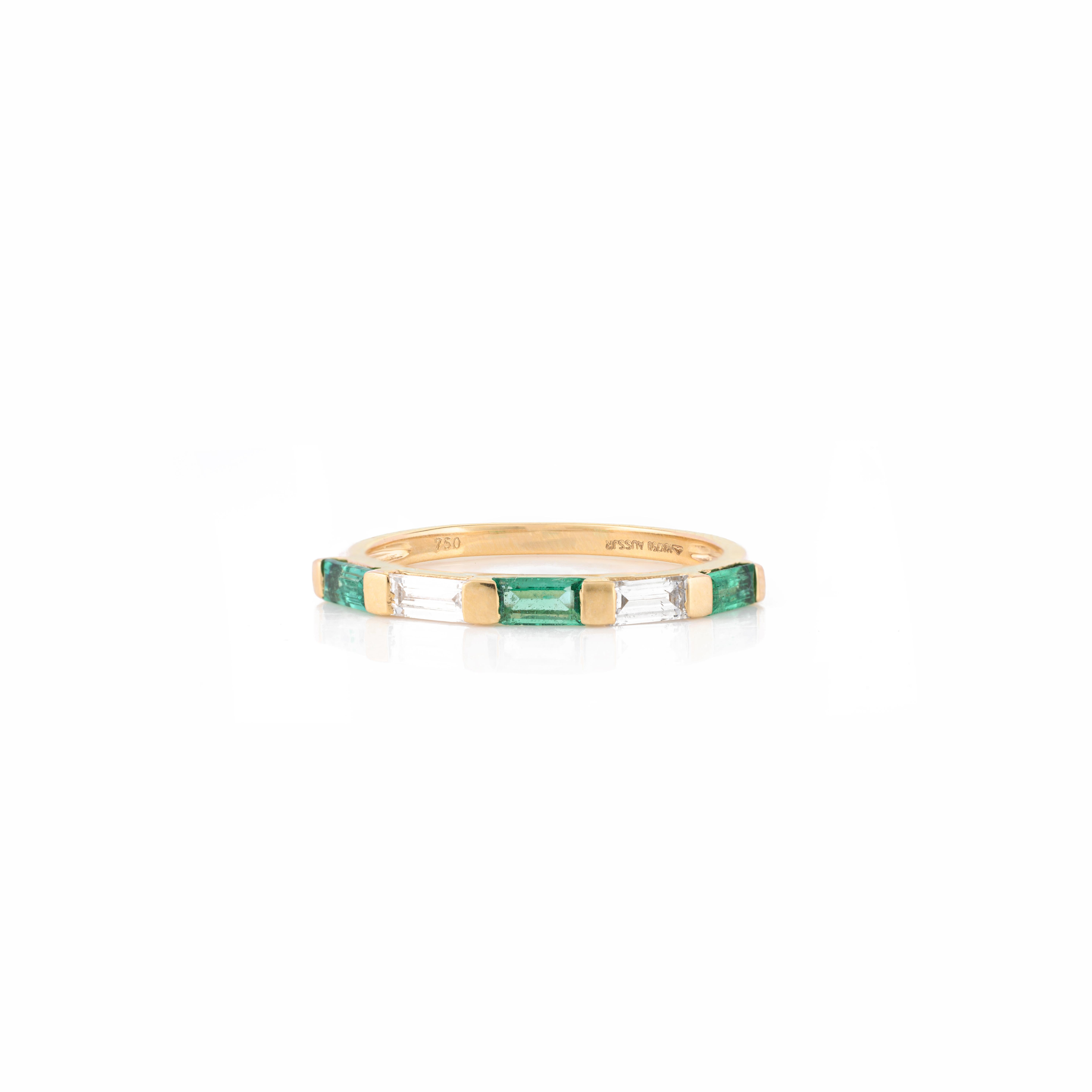 For Sale:  Alternate Baguette Emerald Diamond Stackable Band Ring in 18k Yellow Gold 10