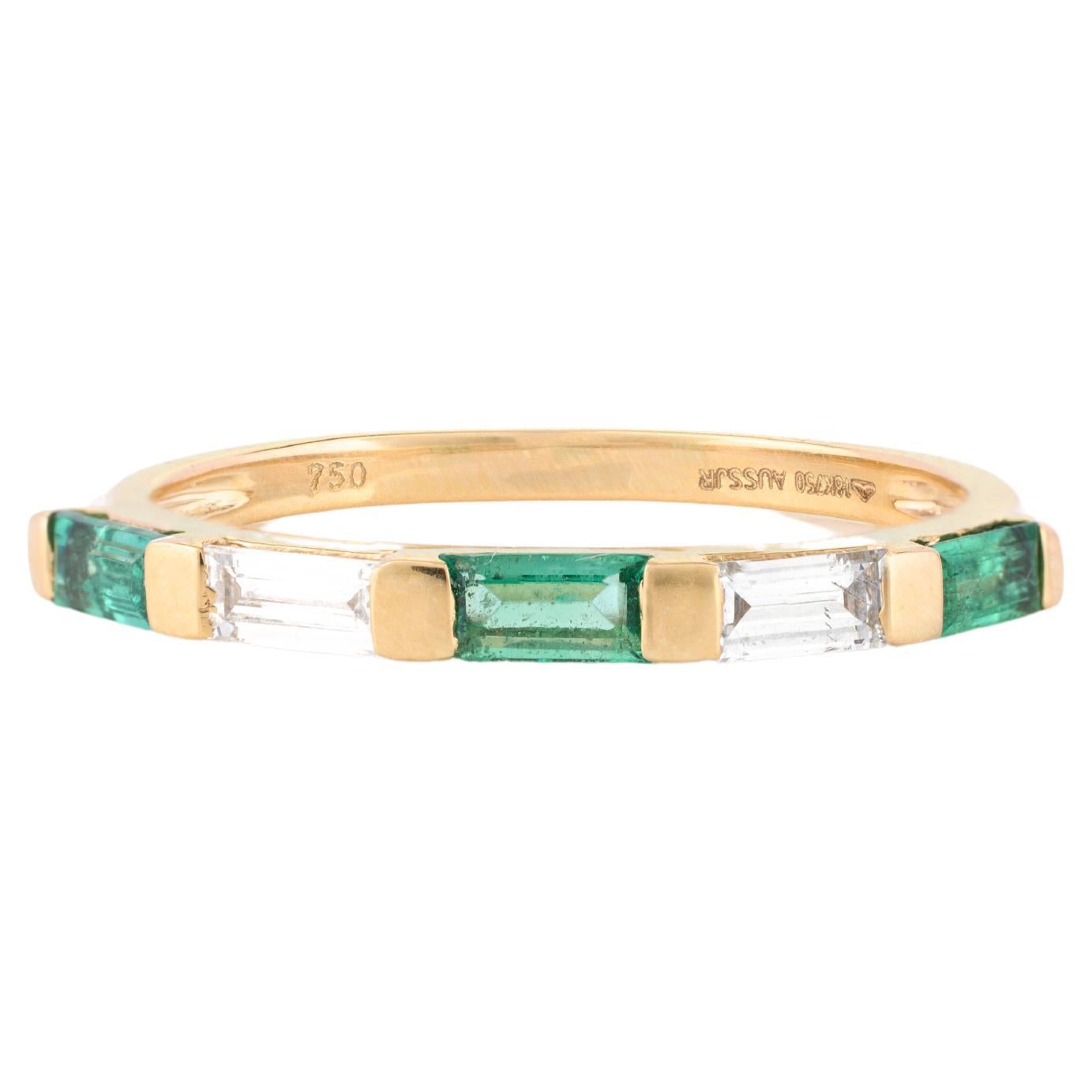 For Sale:  Alternate Baguette Emerald Diamond Stackable Band Ring in 18k Yellow Gold