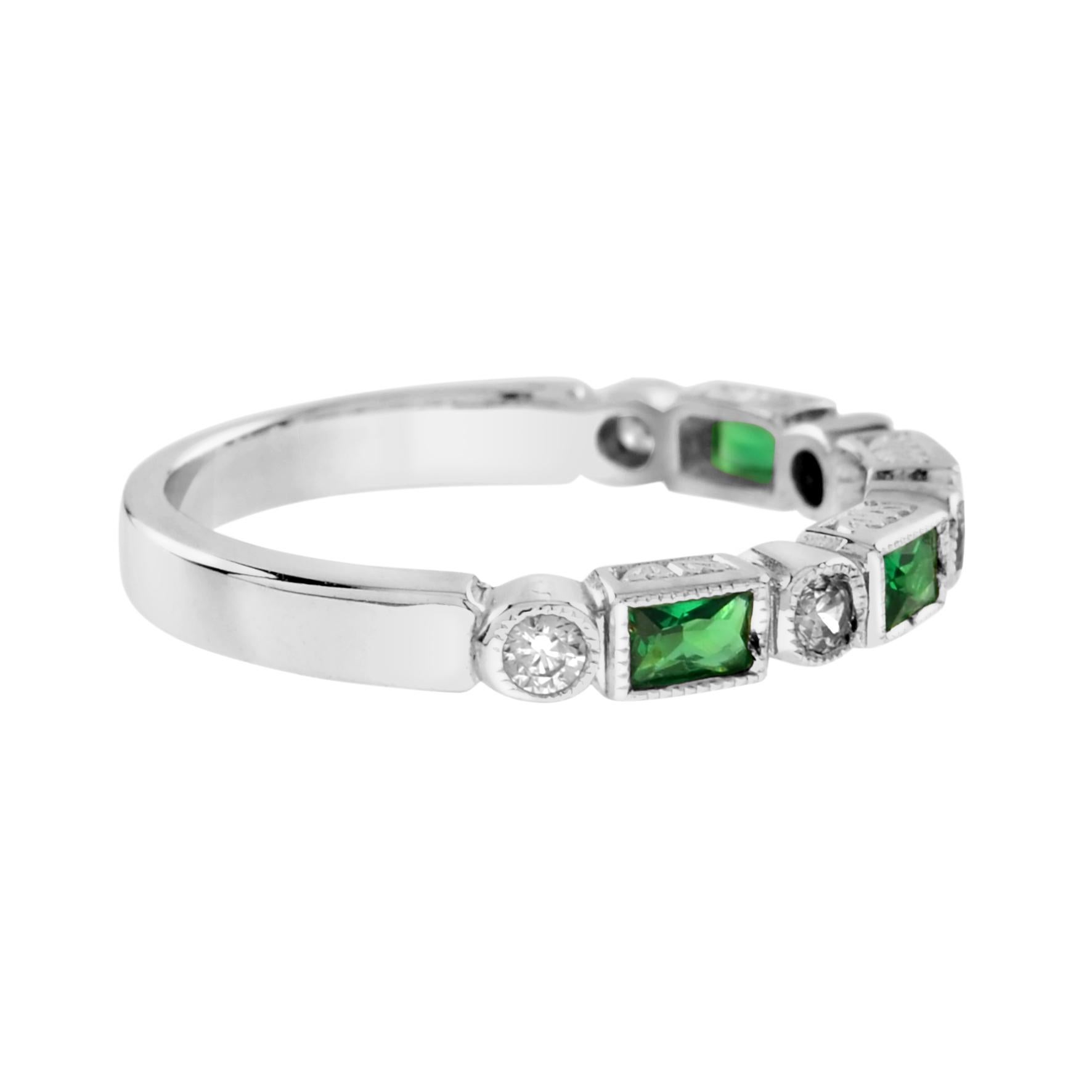 Art Deco Alternate Baguette Emerald with Round Diamond Half Eternity Ring For Sale
