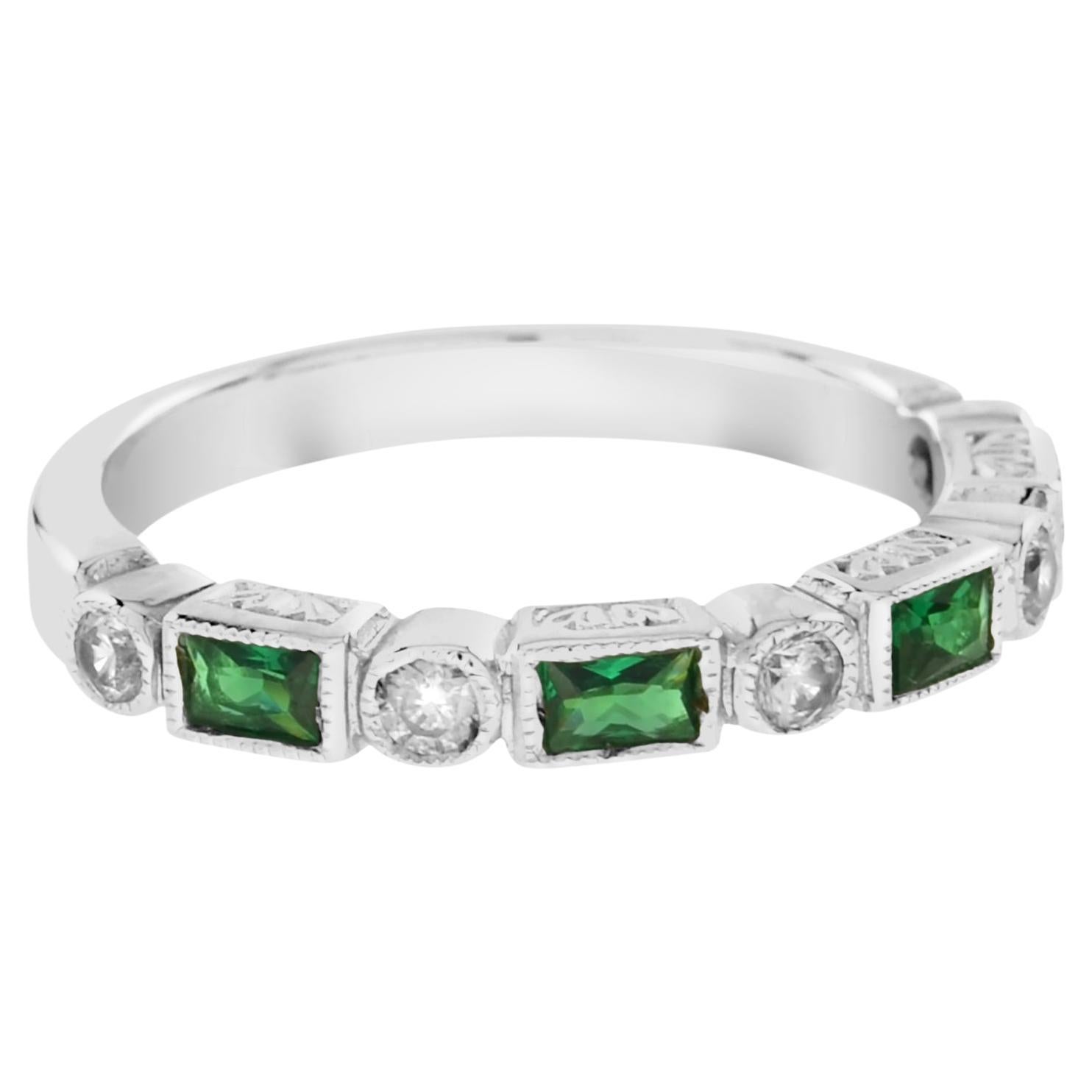 Alternate Baguette Emerald with Round Diamond Half Eternity Ring For Sale