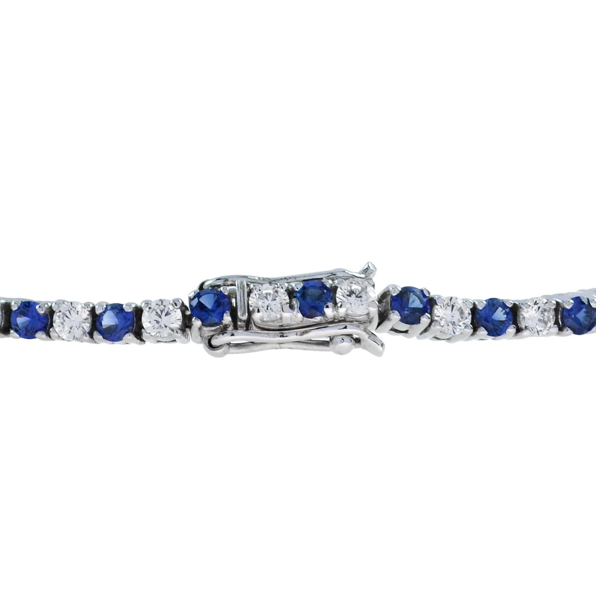 Art Deco Alternate Round Blue Sapphire & Diamond Tennis Line 14K White Gold Bracelet For Sale