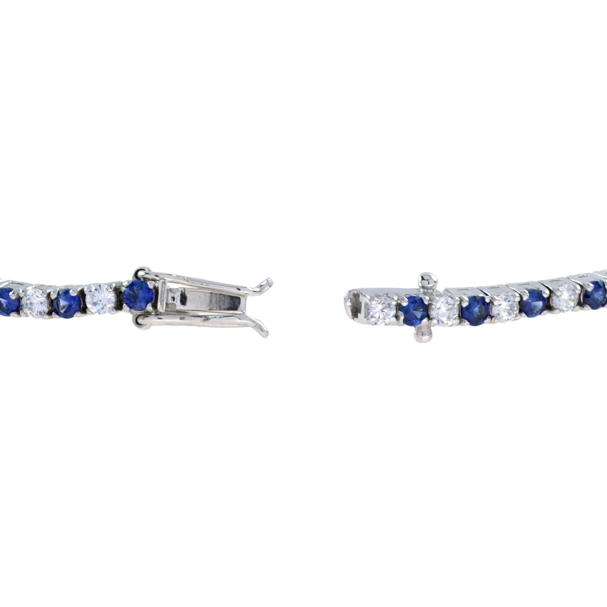 Round Cut Alternate Round Blue Sapphire & Diamond Tennis Line 14K White Gold Bracelet For Sale
