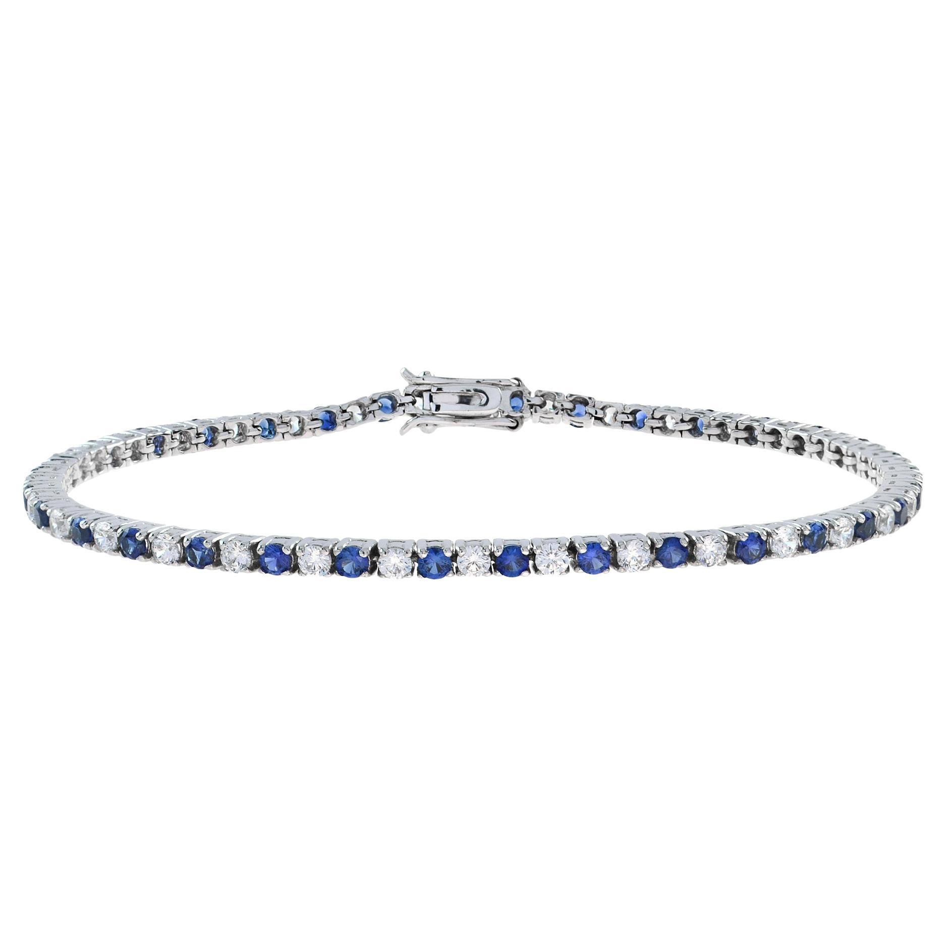 Alternate Round Blue Sapphire & Diamond Tennis Line 14K White Gold Bracelet For Sale
