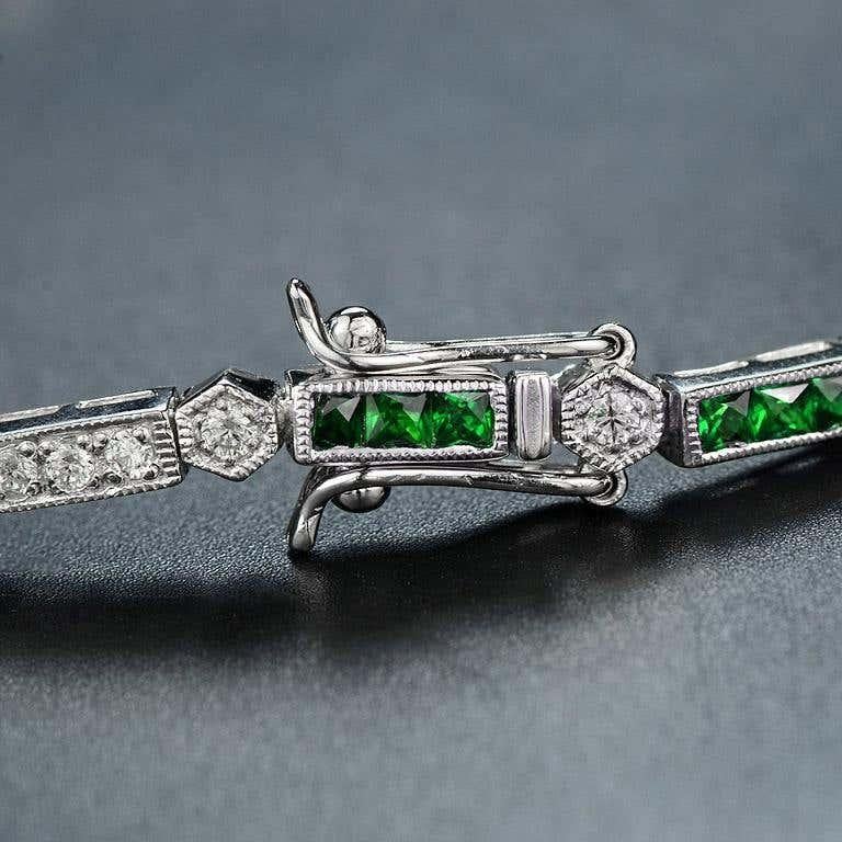 Alternate Row Green Emerald & Diamond Tennis Line 14K White Gold Bracelet Damen im Angebot