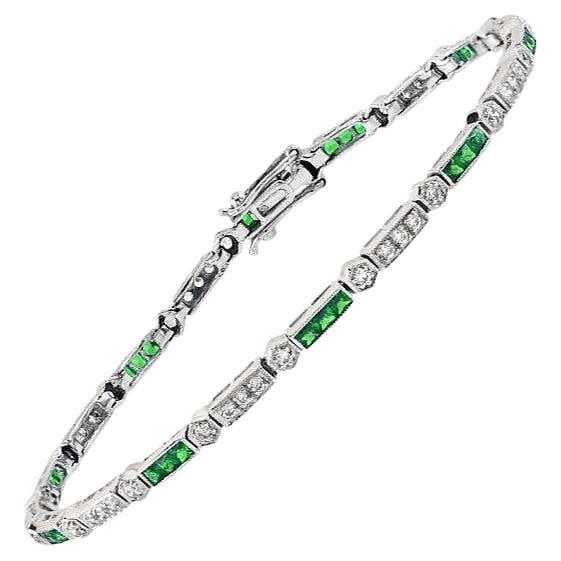 Alternate Row Green Emerald & Diamond Tennis Line 14K White Gold Bracelet