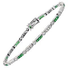 Alternate Row Green Emerald & Diamond Tennis Line 14K White Gold Bracelet