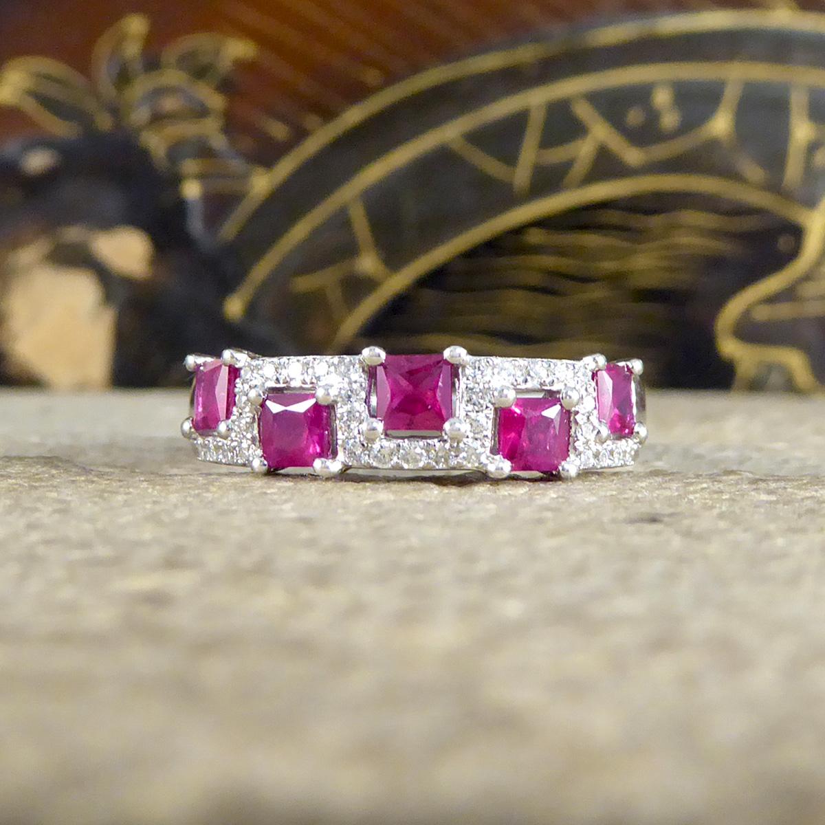 This lovely contemporary ring is the perfect style to be worn on its own or as a stackable ring. A beautiful half eternity ring with a difference! It sparkles across the whole face of the finger with square cut Rubies weighing 0.12ct each