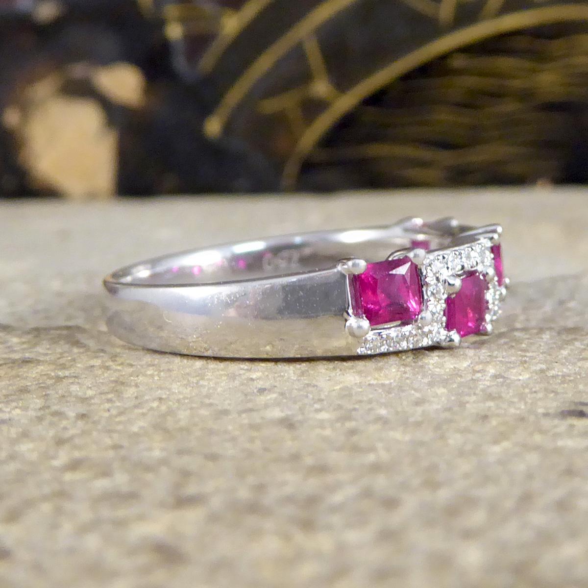 Modern Alternate Ruby and Diamond Band Ring in 18ct White Gold For Sale