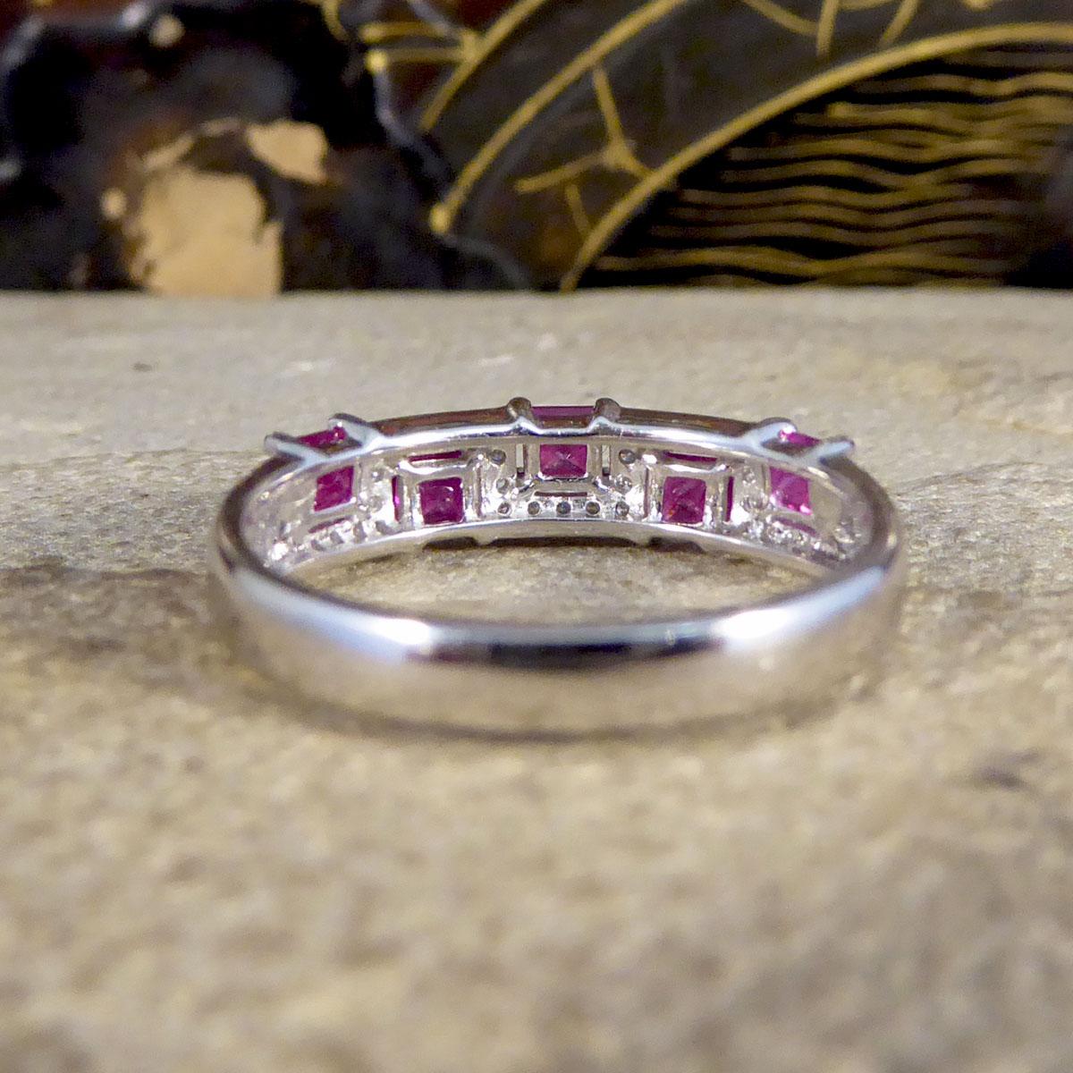 Contemporary Alternate Ruby and Diamond Band Ring in 18ct White Gold