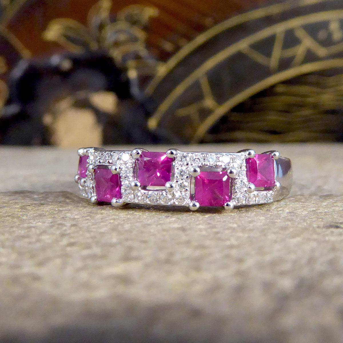 Square Cut Alternate Ruby and Diamond Band Ring in 18ct White Gold