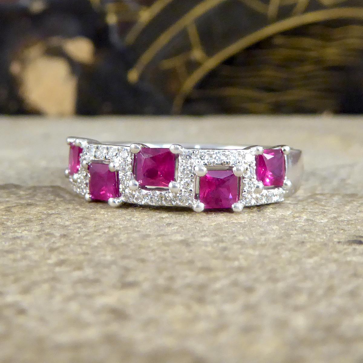 Alternate Ruby and Diamond Band Ring in 18ct White Gold In New Condition For Sale In Yorkshire, West Yorkshire