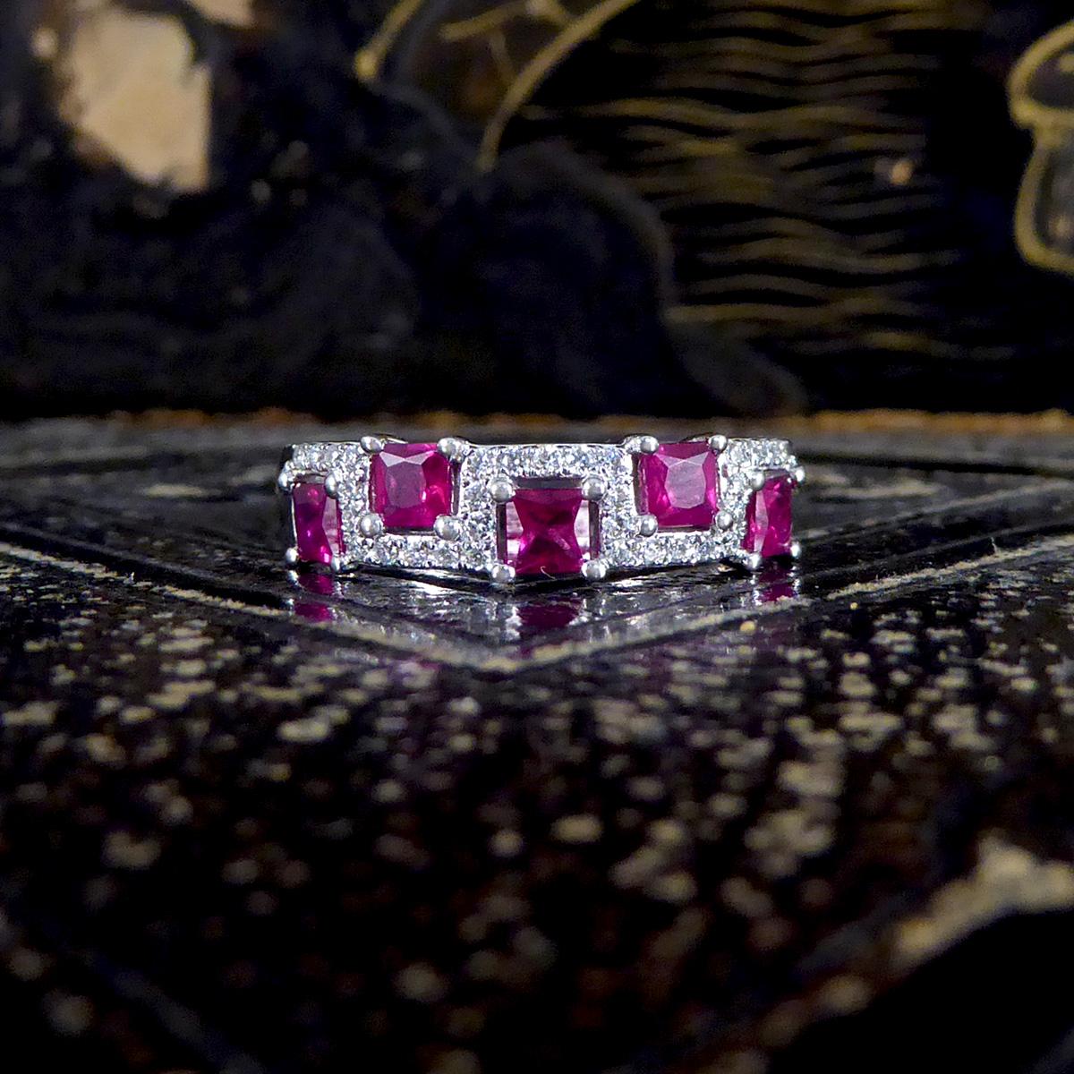 Alternate Ruby and Diamond Band Ring in 18ct White Gold For Sale 2