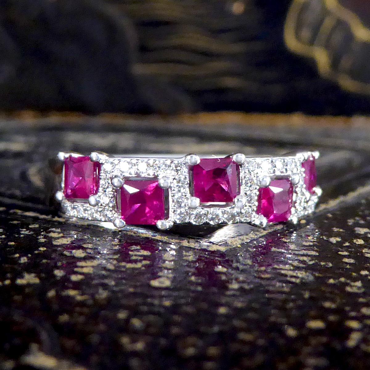 Alternate Ruby and Diamond Band Ring in 18ct White Gold For Sale 3