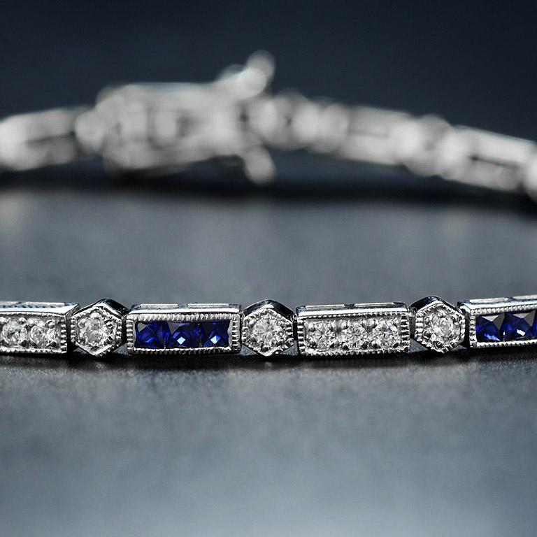 Art Deco Alternate Square Shape Blue Sapphire & Diamond White Gold Tennis Line Bracelet For Sale