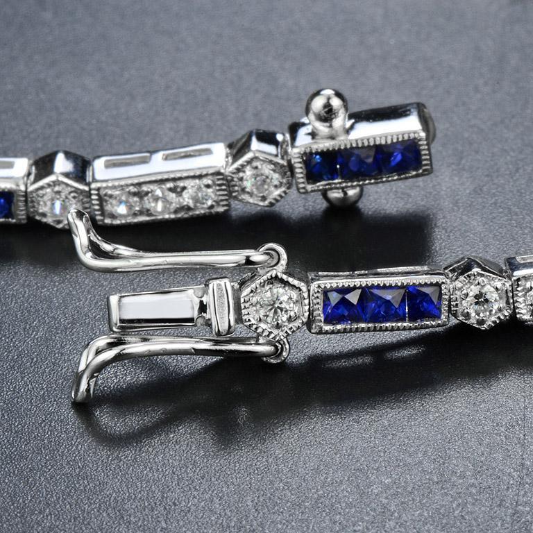 Alternate Square Shape Blue Sapphire & Diamond White Gold Tennis Line Bracelet In New Condition For Sale In Oakton, VA