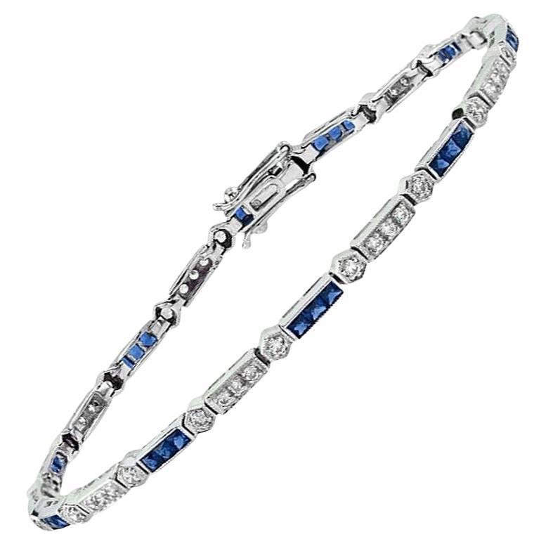 Alternate Square Shape Blue Sapphire & Diamond White Gold Tennis Line Bracelet