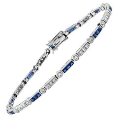 Alternate Square Shape Blue Sapphire & Diamond White Gold Tennis Line Bracelet