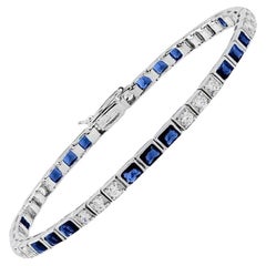 Alternate Square Shape Blue Sapphire & Diamond White Gold Tennis Line Bracelet