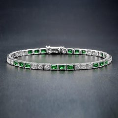 Alternate Square Shape Green Emerald & Diamond White Gold Tennis Line Bracelet