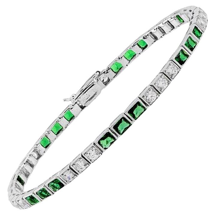 Alternate Square Shape Green Emerald & Diamond White Gold Tennis Line Bracelet