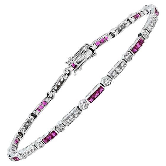 Alternate Triple Red Pink Ruby & Diamond Tennis Line 14K White Gold Bracelet