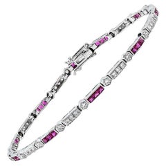 Alternate Triple Red Pink Ruby & Diamond Tennis Line 14K White Gold Bracelet