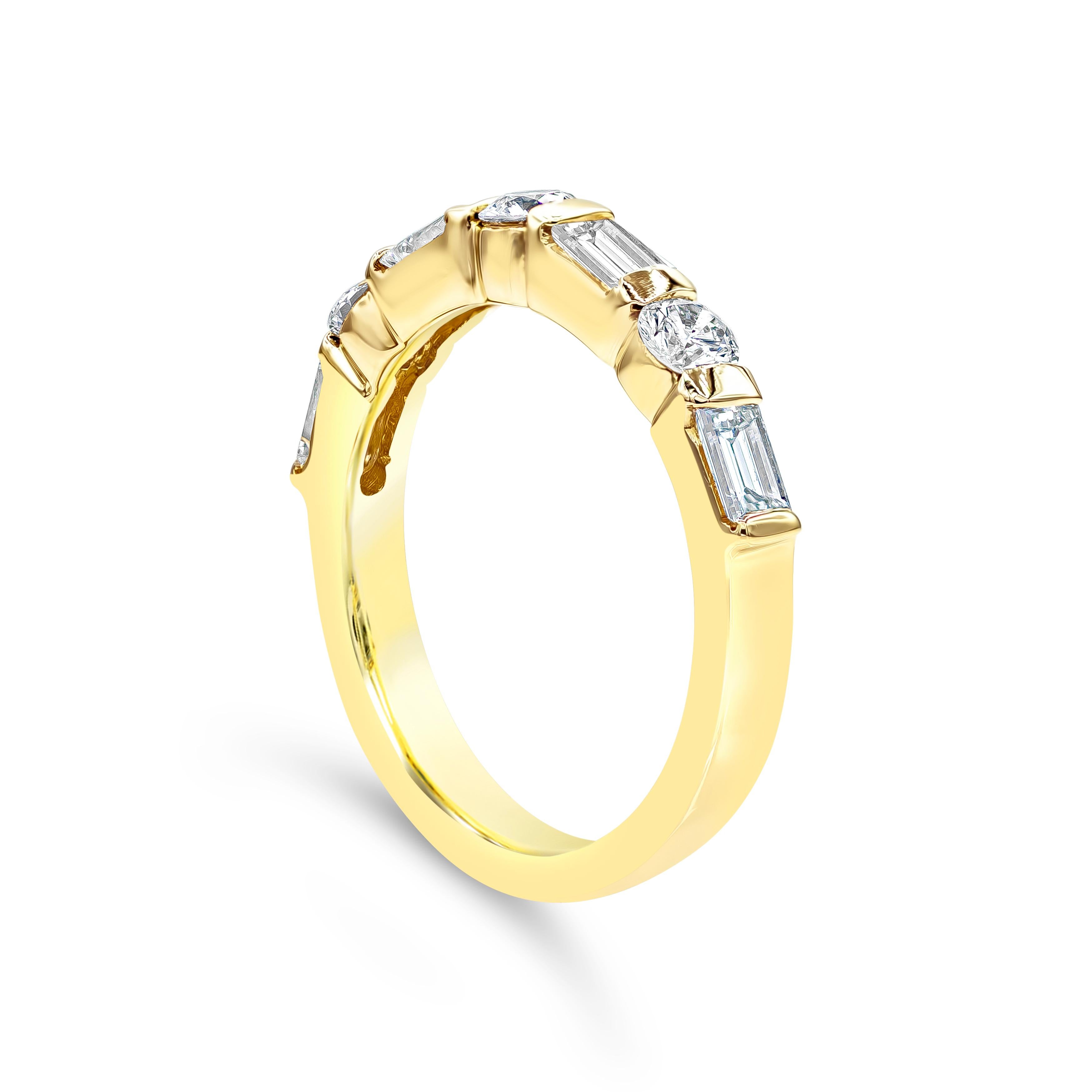 Features a half eternity seven-stone wedding band ring showcasing baguette diamonds weighing 0.51 carats, elegantly alternates with round brilliant diamonds weighing 0.40 carats. Mounted in a bar setting, Made with 14K Yellow Gold. Size 6.5 US.