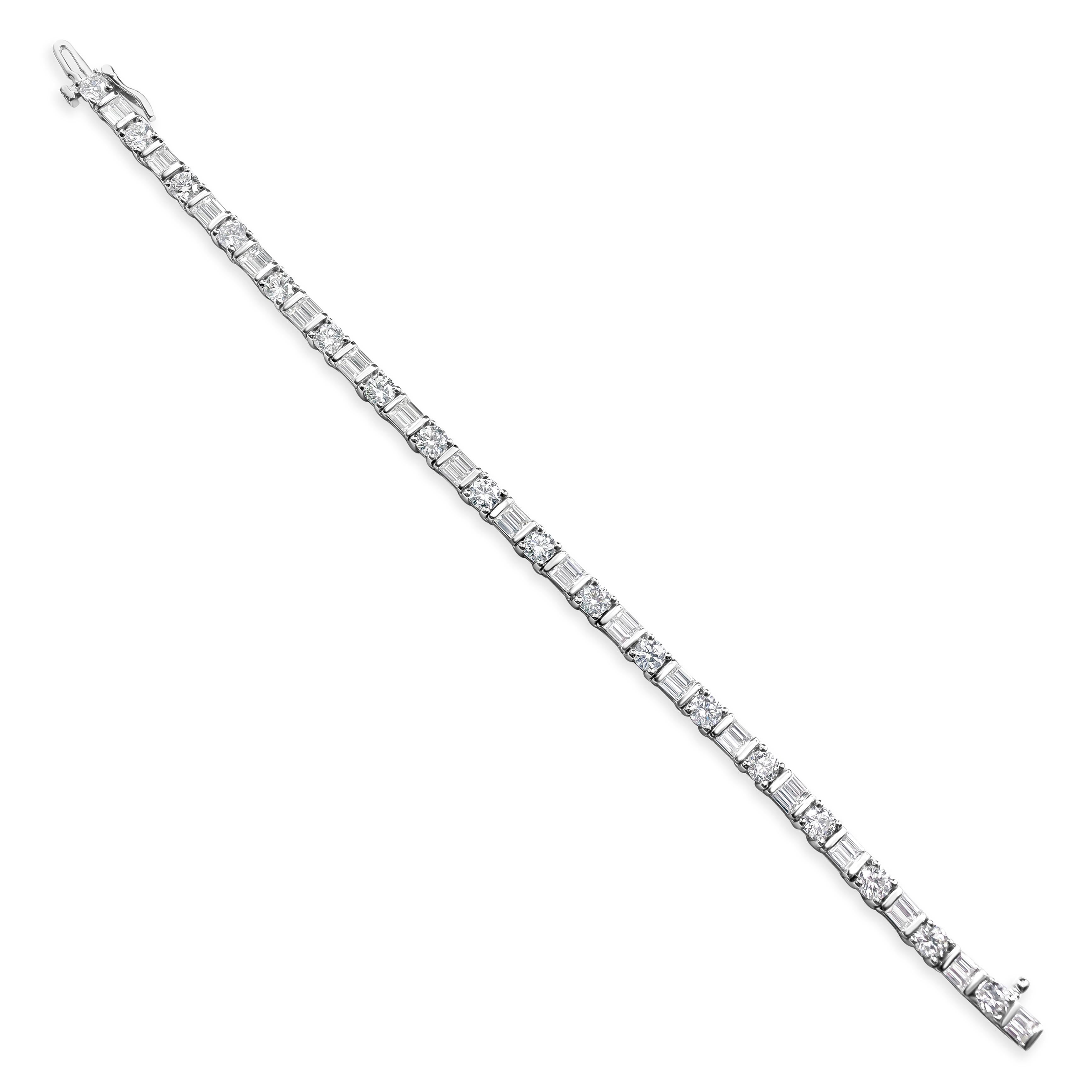 This simple and classic tennis bracelet showcasing 36 baguette cut diamond weighing 3.78 carats total, elegantly alternating with brilliant round cut diamond set in a classic four prong setting weighing 4.24 carats total. Both are G color and VS-SI1