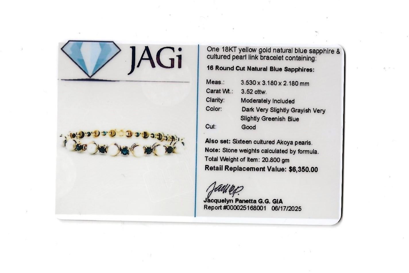 Bracelet à maillons alternés de saphirs bleus et de perles de culture en or jaune 18 carats en vente 5