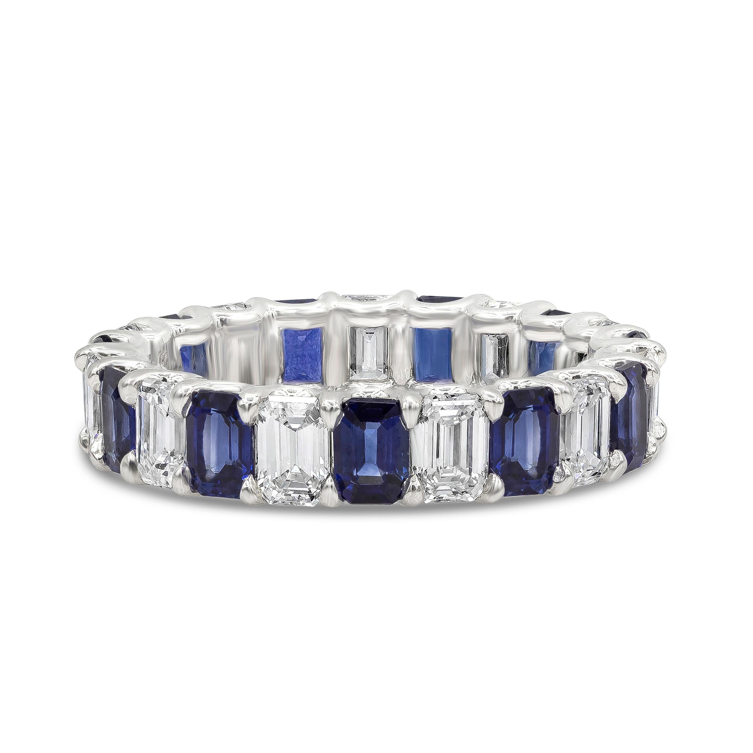 Features color-rich blue sapphires that elegantly alternate with emerald cut diamonds in a polished platinum mounting. Sapphires weigh 2.61 carats total; diamonds weigh 2.20 carats total. 

Style available in different price ranges. Prices are based